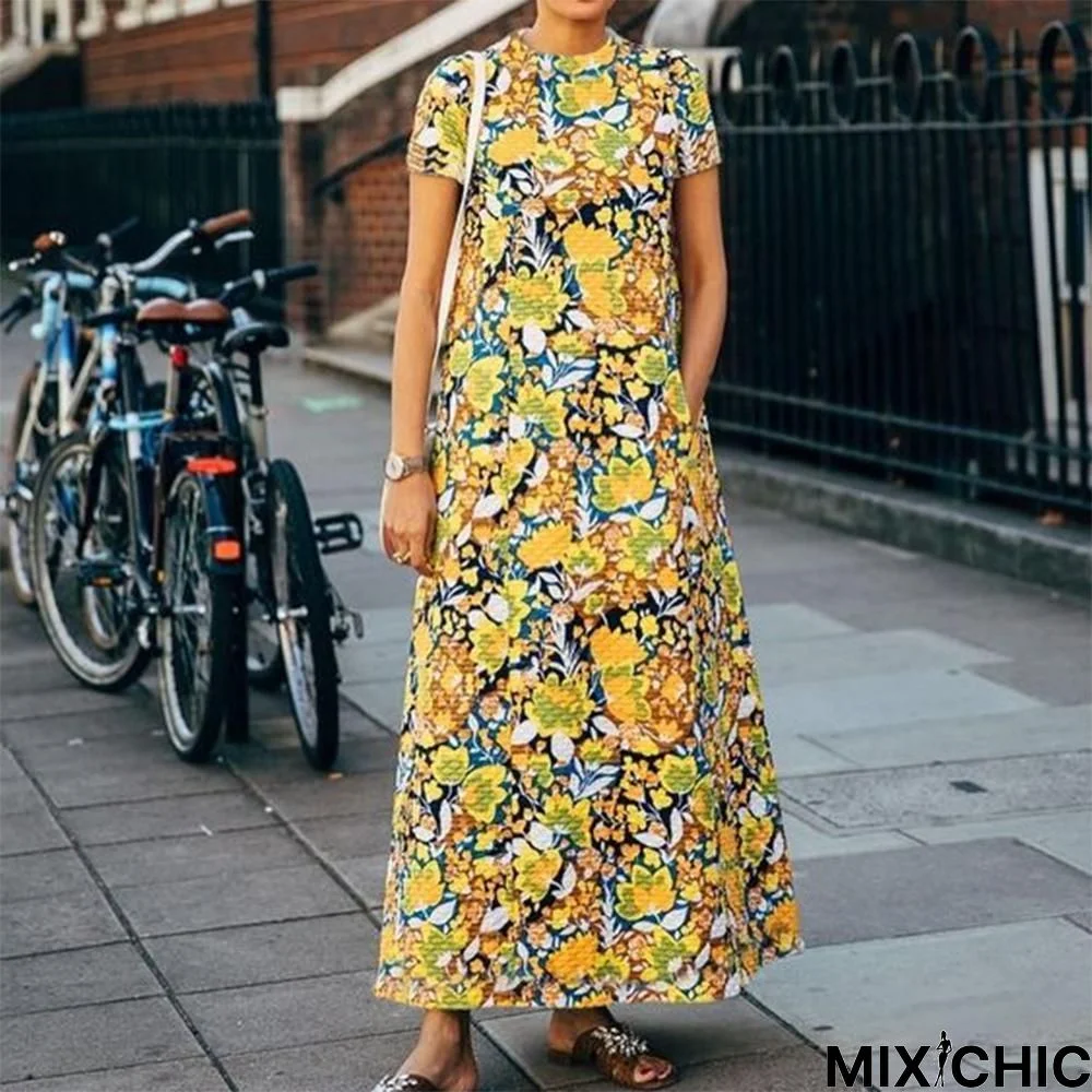 Vintage Print Round Neck Short Sleeve Maxi Dress