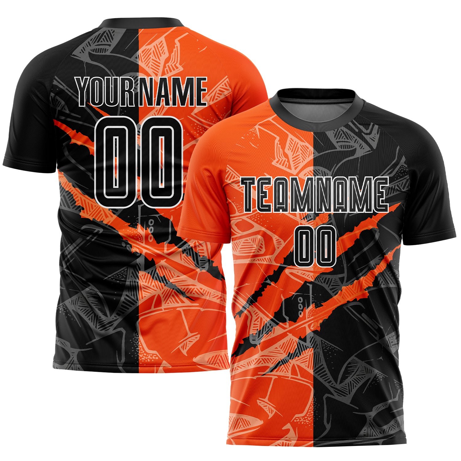 Custom Graffiti Pattern Black-Orange Scratch Sublimation Soccer Uniform Jersey | captainssportss.com