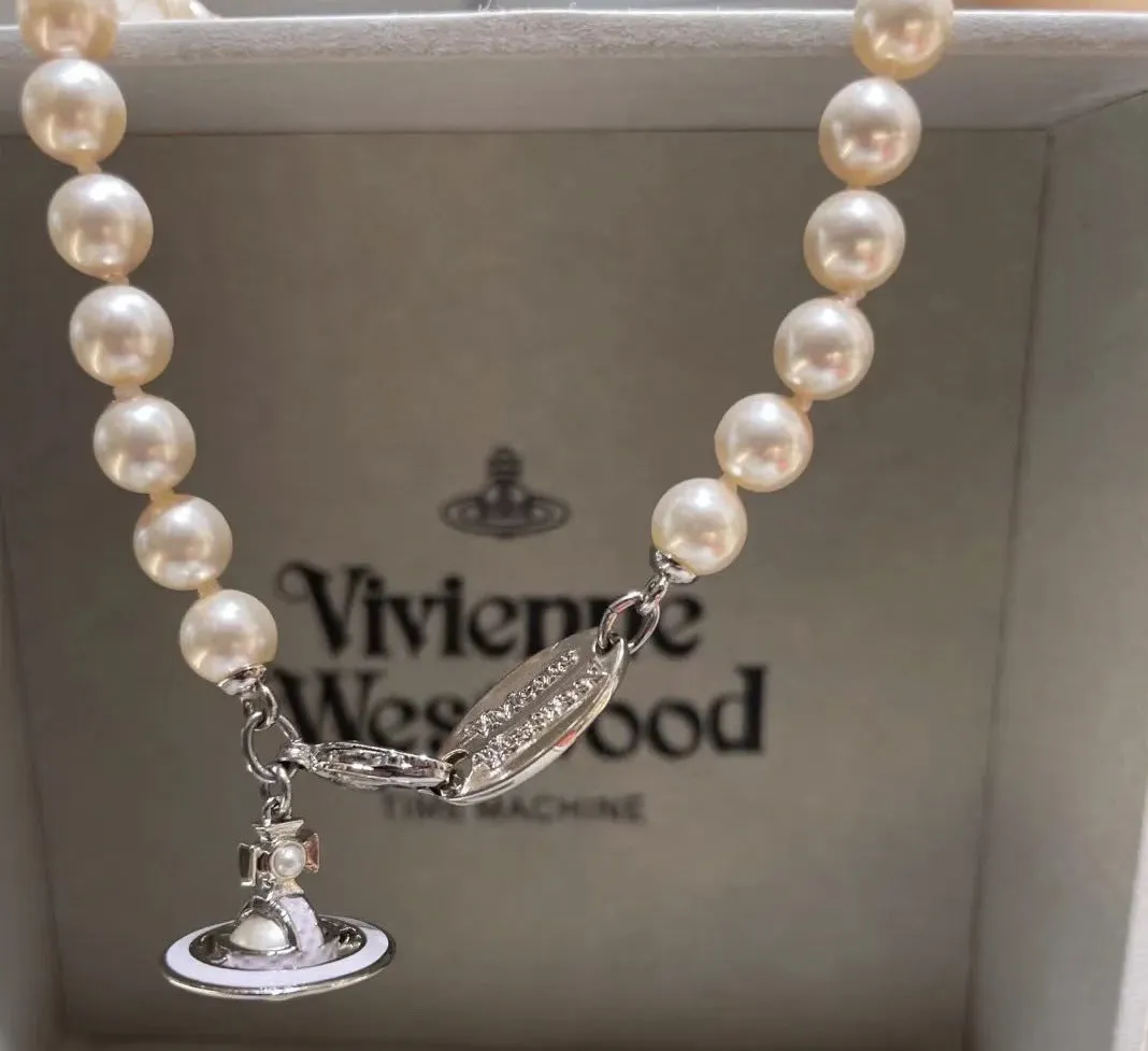 Vivienne Westwood Enamel Saturn Pearl Necklace