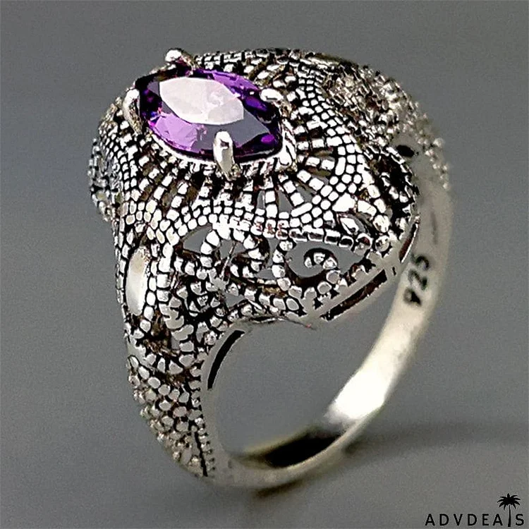 Women's Retro Modern Openwork Purple Zircon Silver Ring