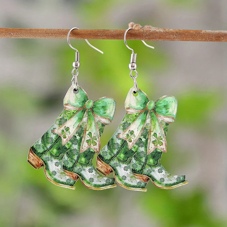 Vintage Green Shamrock Bowknot Cowboy Boots Pendant Earrings