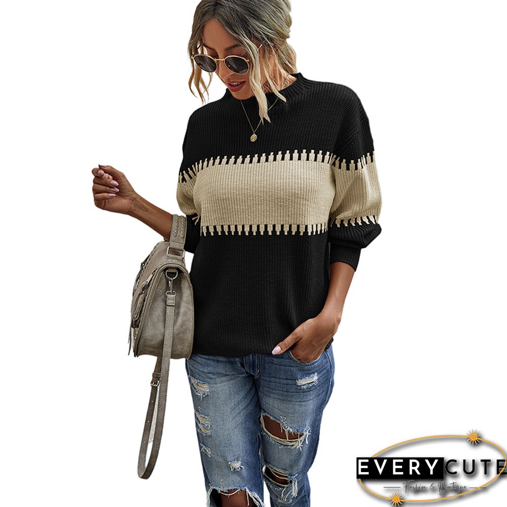 Black Color Block High Neck Woolen Sweater