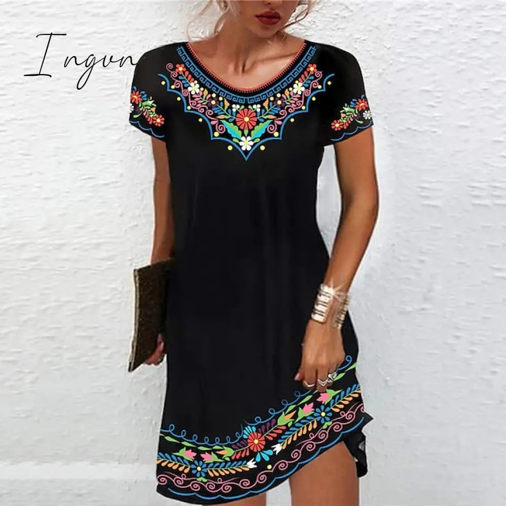 Ingvn - Women’s Casual Dress Ethnic Shift Mini Black White Light Green Short Sleeve Floral Print