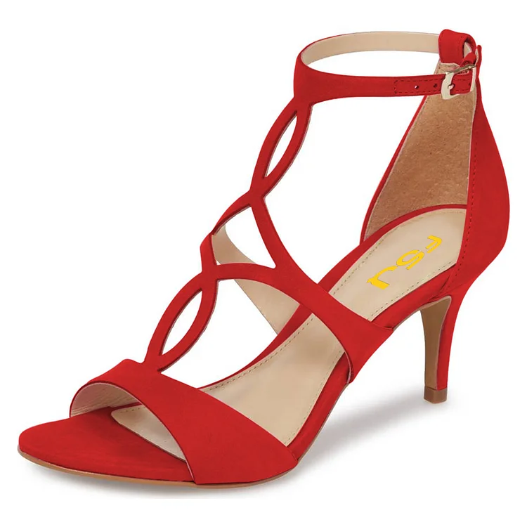 Red T-Strap Heels Open Toe Cut Out Women's Sandals |FSJ Shoes
