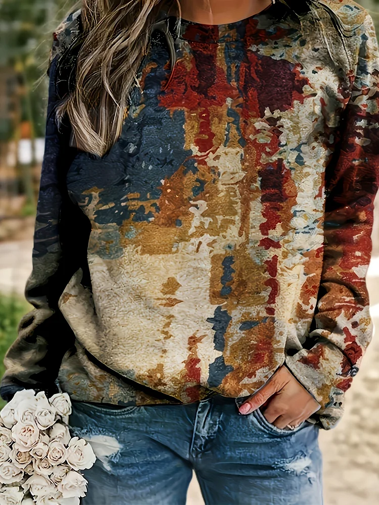 Women's Casual S Sweatshirt With Curved Hem & Boho Pop Art Print - Soft Stretchy Long Sleeve Pullover, Machine Washable Round Neck Top For Spring Summer Fall, Cute Sweatshirts, Seasonal Fashion, Medium Elasticity, Everyday Outfit, Comfortable Pullover
