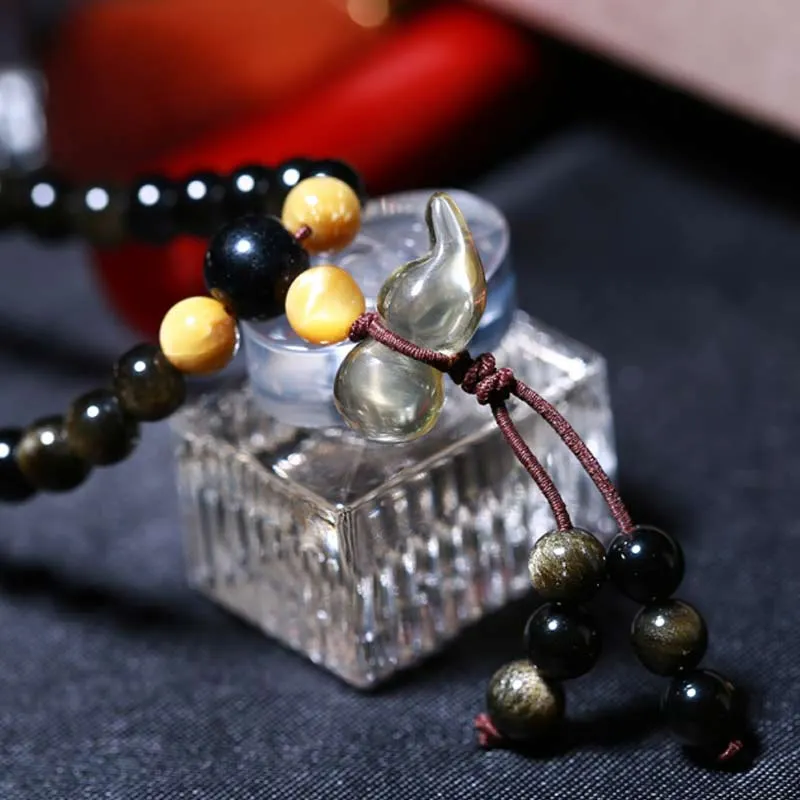 Natural Ice Obsidian Tiger Eye Gourd Bracelet Necklace Mala