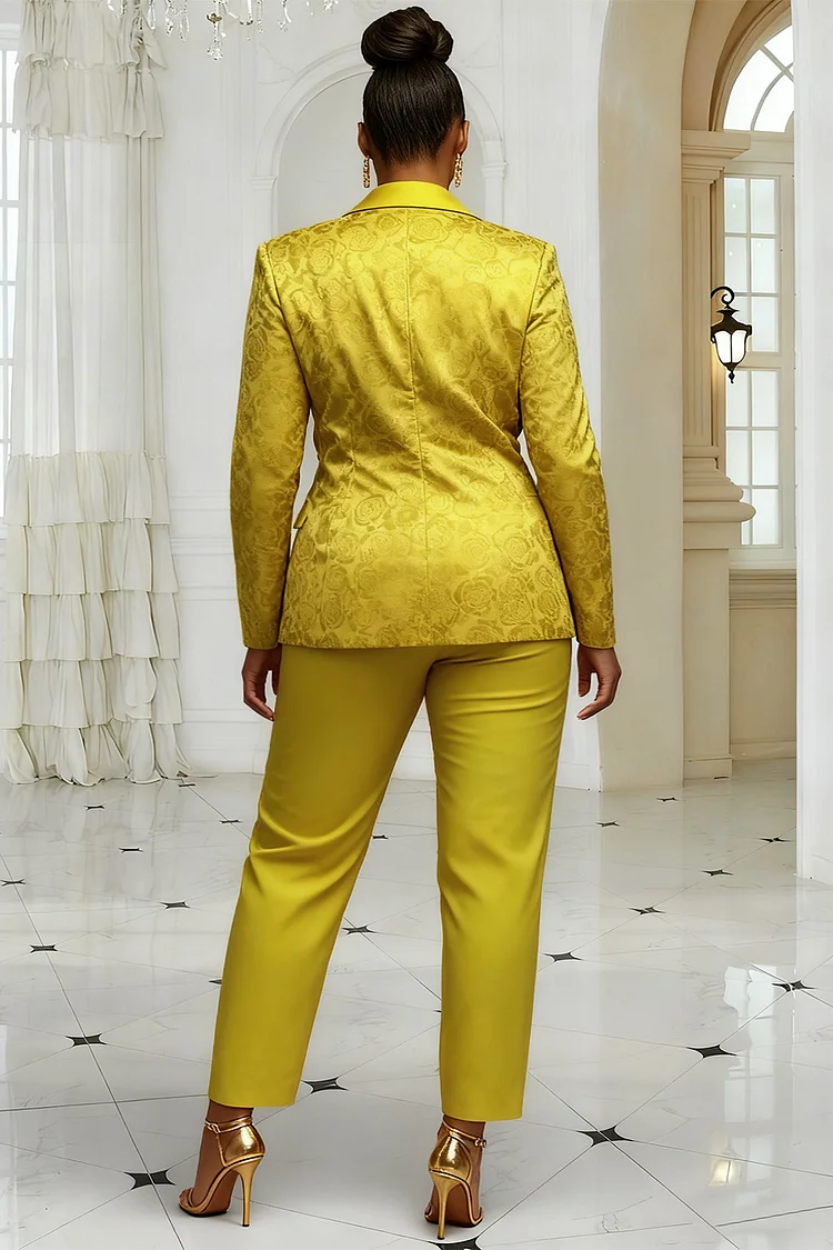 Xpluswear Design Plus Size Christmas Gold Lapel Collar Long Sleeve 3D Elegant Satin Two Piece Pant Suits [Pre-Order]