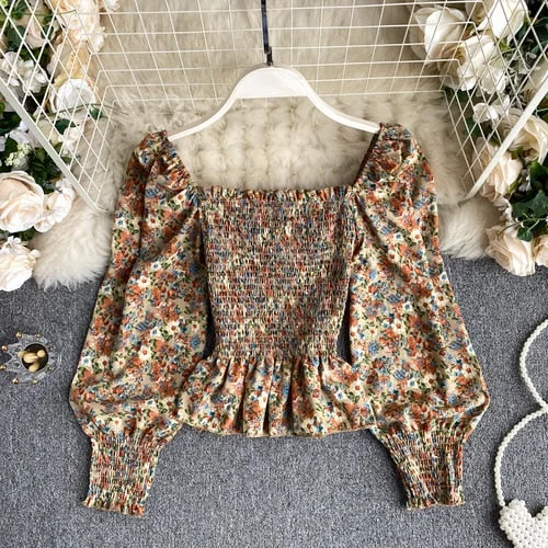 Women's Autumn Retro Blouse Square Collar Elastic Slim Short Puff Sleeve Top New Holiday Style Floral Shirts Female Blusa PL519