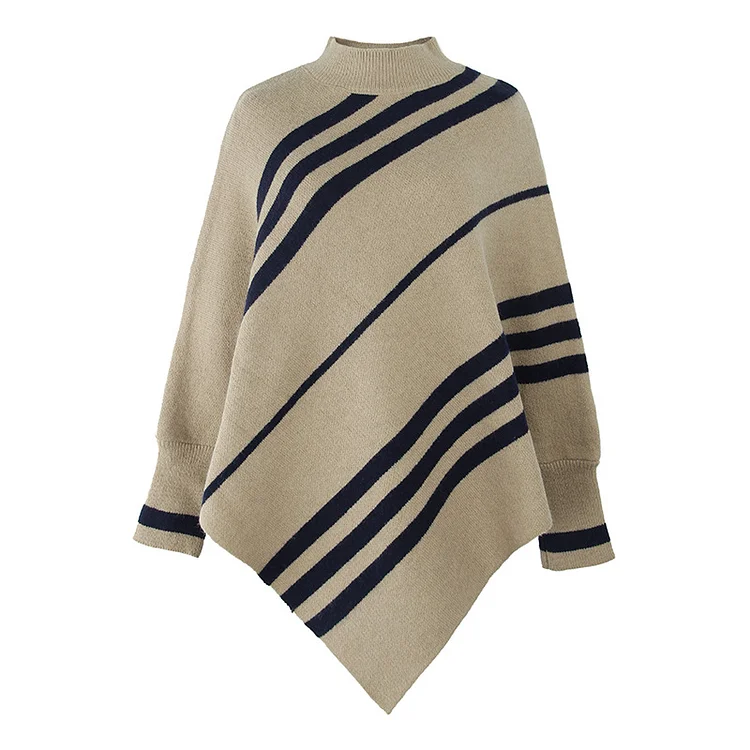 Casual Striped Knitted Round-Neck Shawl Sweater