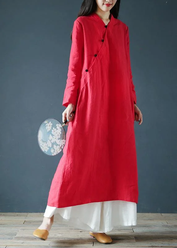 Women v neck long sleeve Tunics Outfits red Maxi Dress