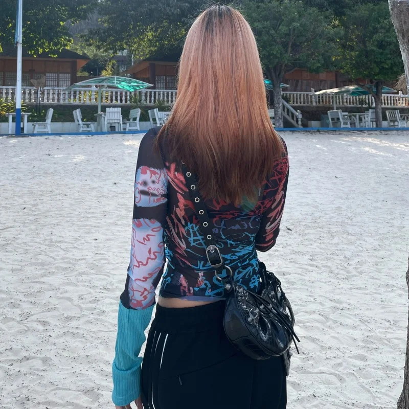 Nigikala Spring 2024 New Round-Neck Collar Long-Sleeved Mesh Printing Casual Women's Top T-Shirt