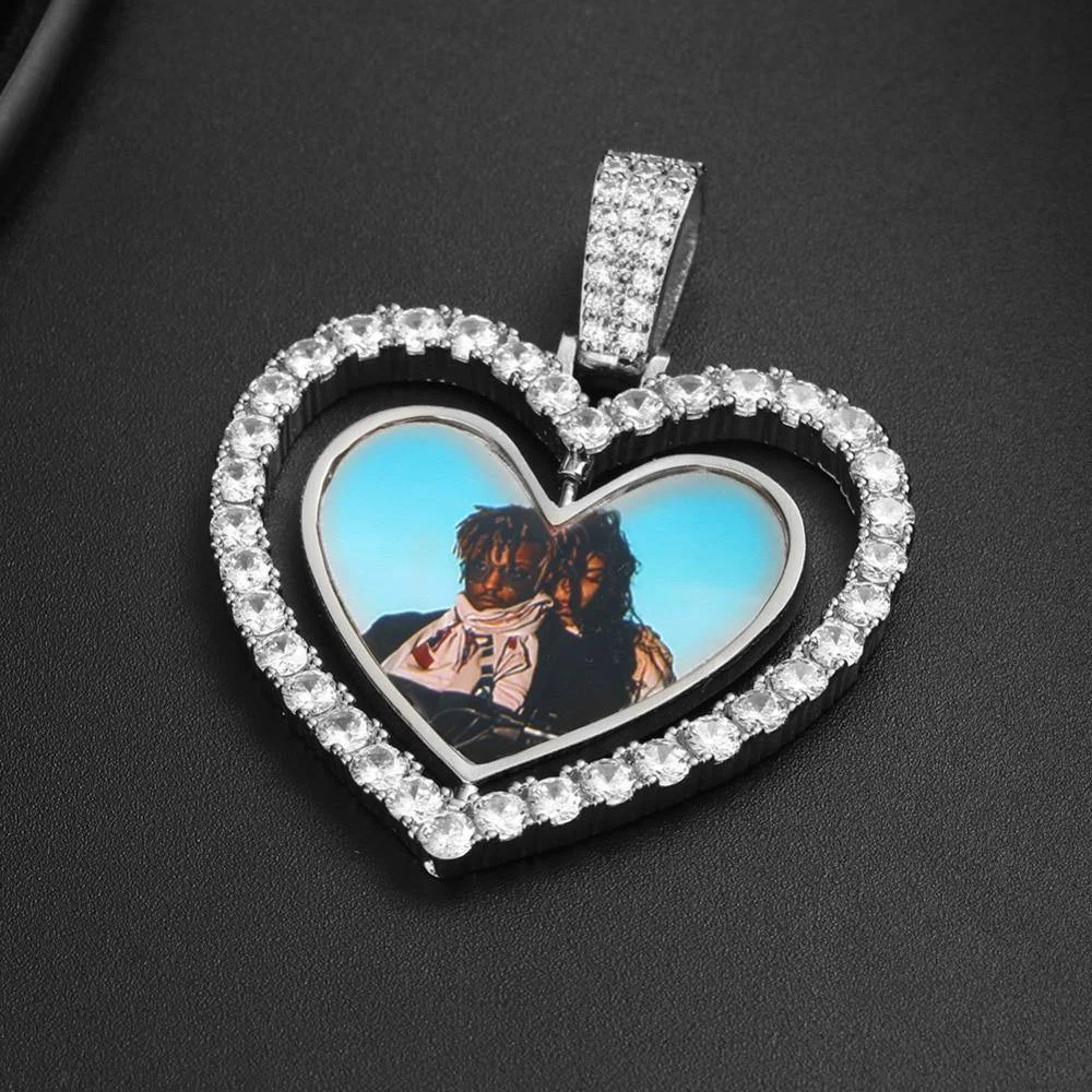 360 Degree Rotation Hollow Heart Custom Photos Double-side Medallion Pendant Necklace-VESSFUL