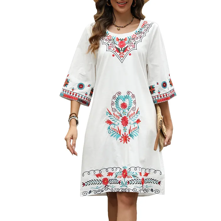 Bohemian Embroidered 3/4 Sleeves Crew Neck Dress for Women's 787