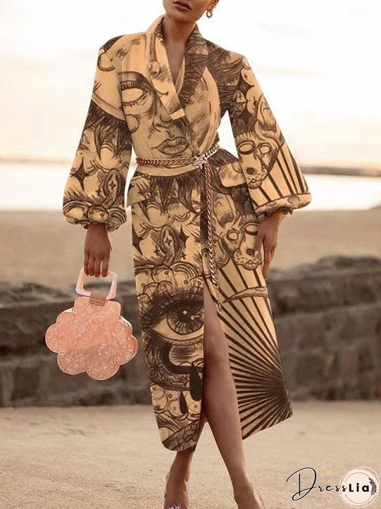 Coats Lapel Printed Temperament Long Woolen Coat for Women