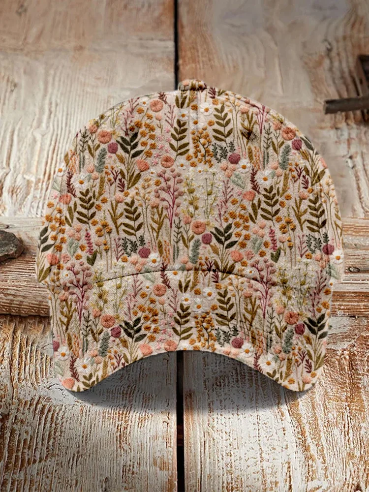 Comstylish Wildflower Meadow Floral Embroidery Art Cap