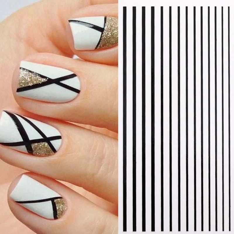 1pc Black White 3D Nail Stickers Metal Gold Silver Geometric Tassel Strip Line Adhesive Transfer Decals Nail Art DIY Design