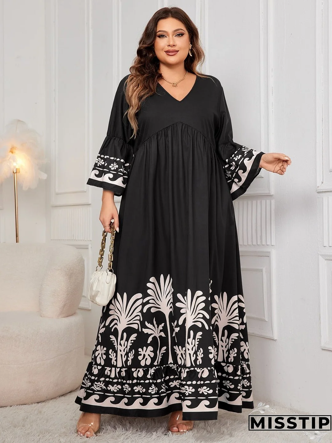 Plus Size Printed V-Neck Long Sleeve Maxi Dress