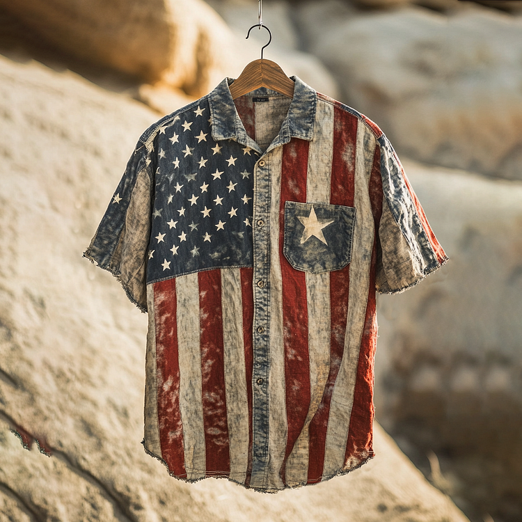 VChics Men's American Flag Art Vintage Linen Shirt