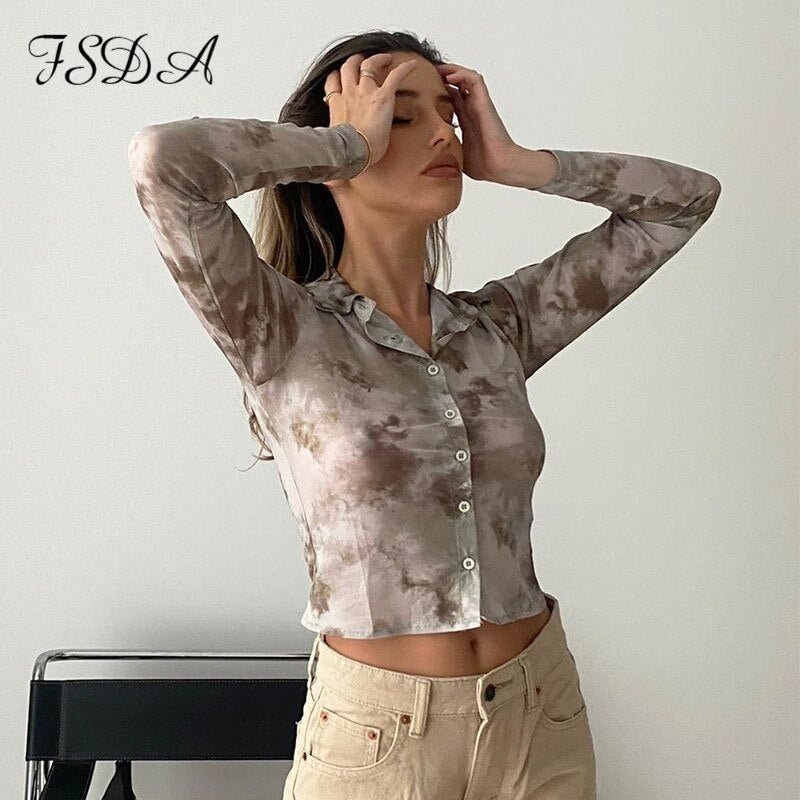 FSDA 2021 Mesh Brown Long Sleeve Crop Top Women Tie Dye Print Summer Spring Basic Sexy Party 90S Casual T Shirts Transparent