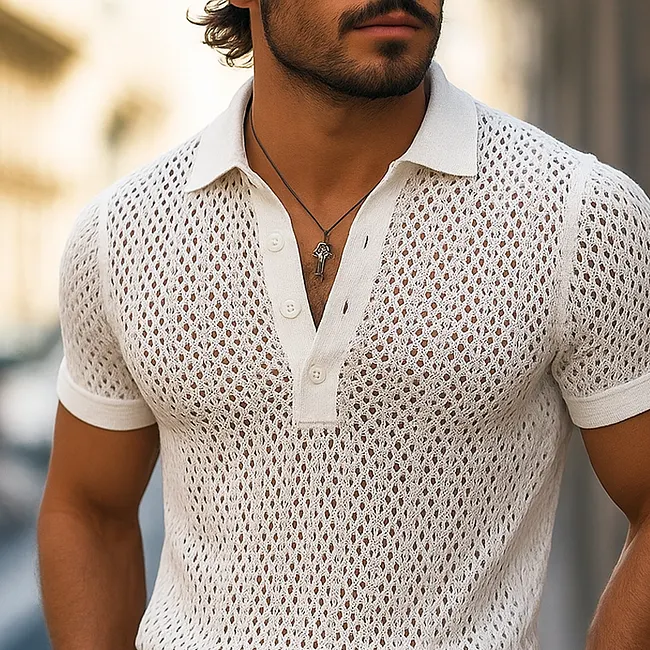 Men's Solid Hollow Out Plaid Knit Lapel Short Sleeve Polo Shirt
