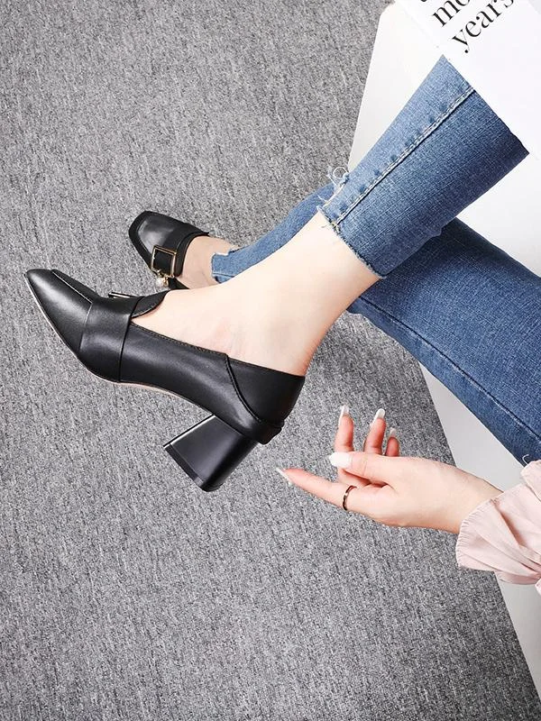 Season pearl buckle high-heeled thick heel popular two-wear shoes