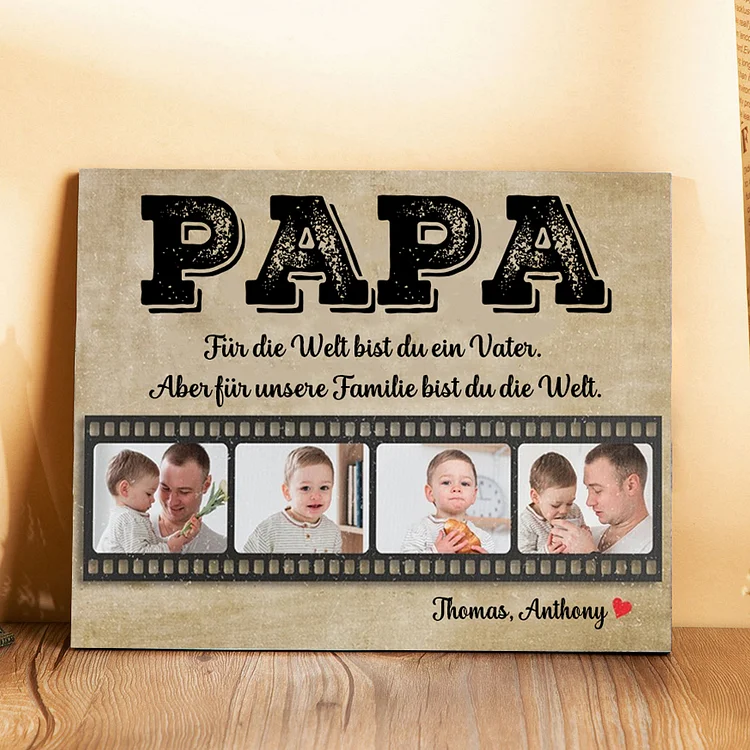 Kettenmachen Papa Holzbild - Personalisierter Text & 4 Fotos Holzdekoration-Papa für unsere Familie bist du die Welt.