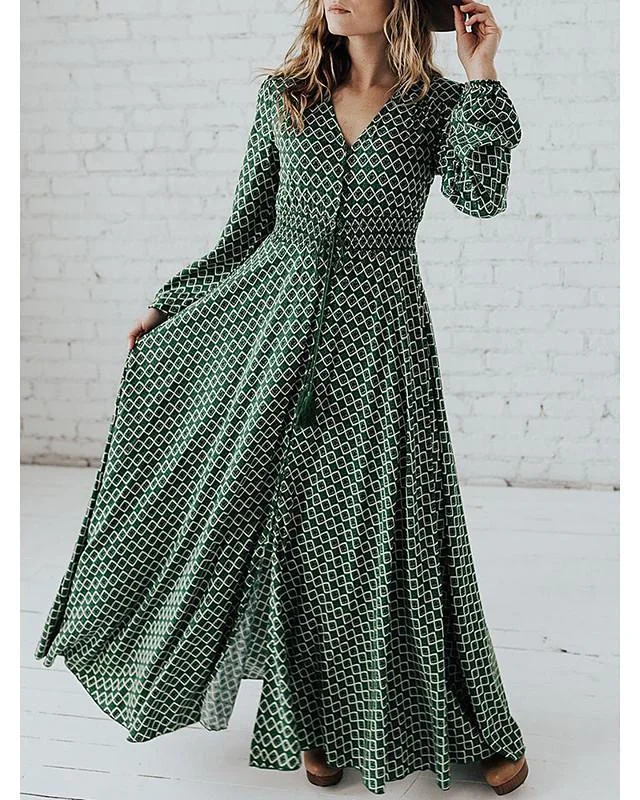 Women's Swing Dress Maxi Long Dress Long Sleeve Print Fall Elegant Casual Green