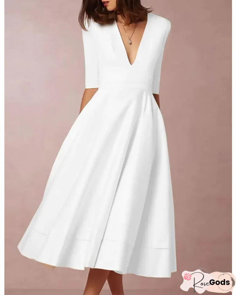 Women's Swing Dress Midi Dress Half Sleeve Solid Color Spring & Summer Hot White Dresses