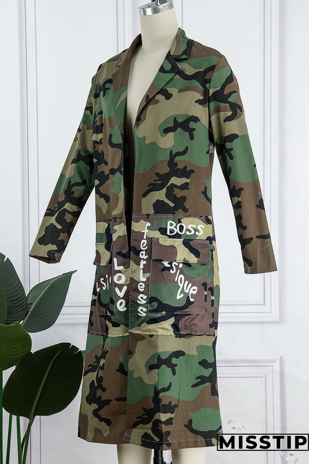 Camouflage Casual Street Print Camouflage Print Patchwork Turn-back Collar Outerwear