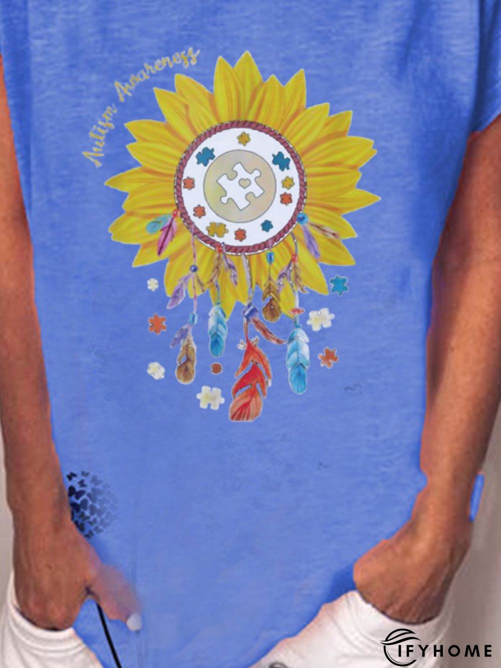 Blue Round Neck Casual Short Sleeve T-shirt | IFYHOME