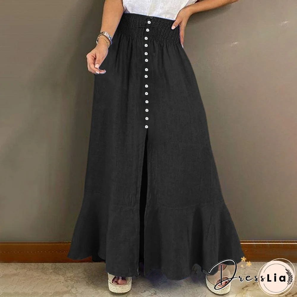 Women Elastic Waist Button Front Denim Skirt Flared Hem Casual Long Skirts