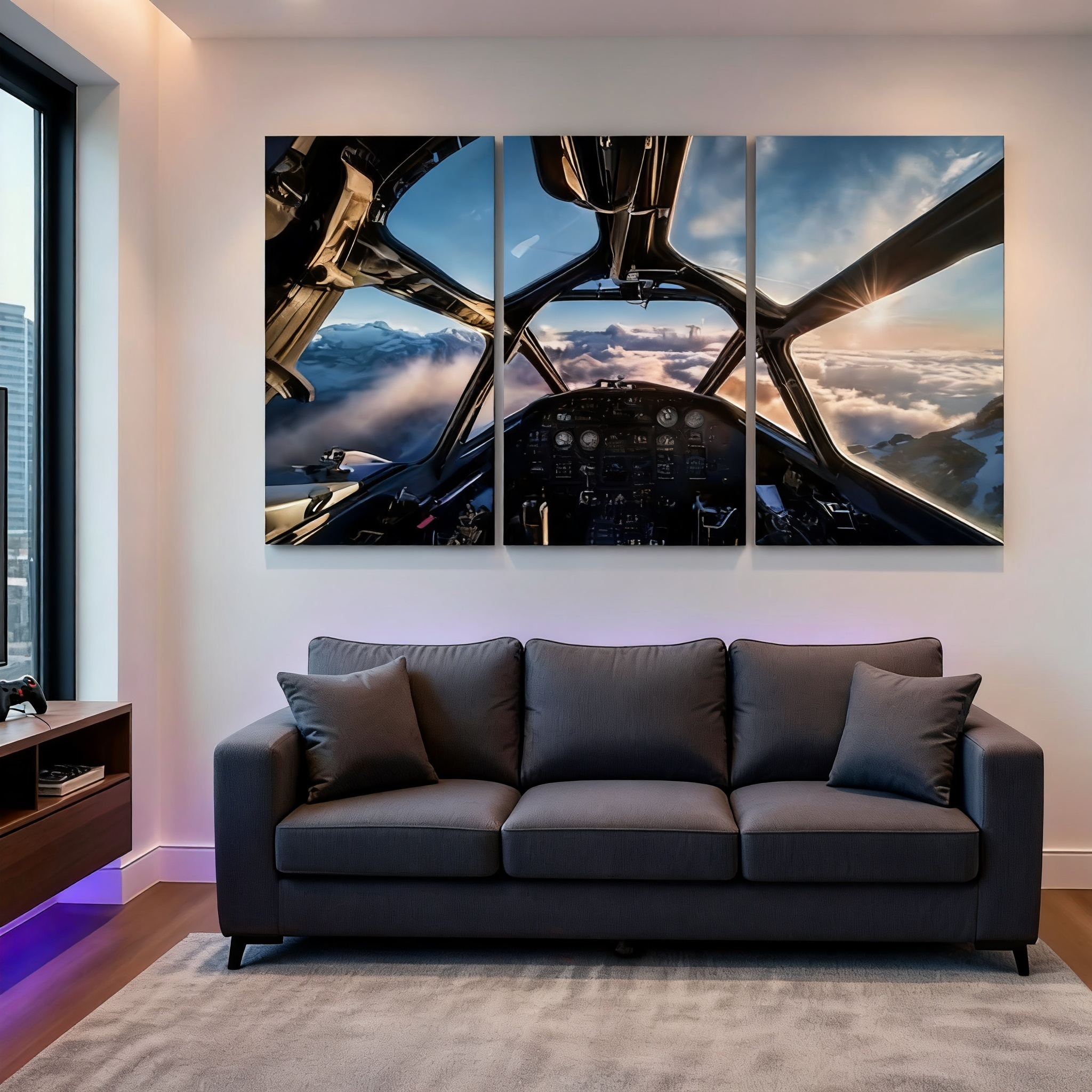 3-Piece Set Vintage Aircraft Cockpit View Over Snowy Mountains & Clouds Canvas Wall Art