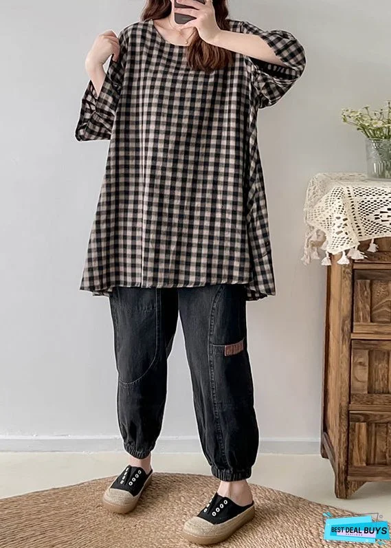 Vintage Black White Plaid Oversized Linen Long Tops Half Sleeve
