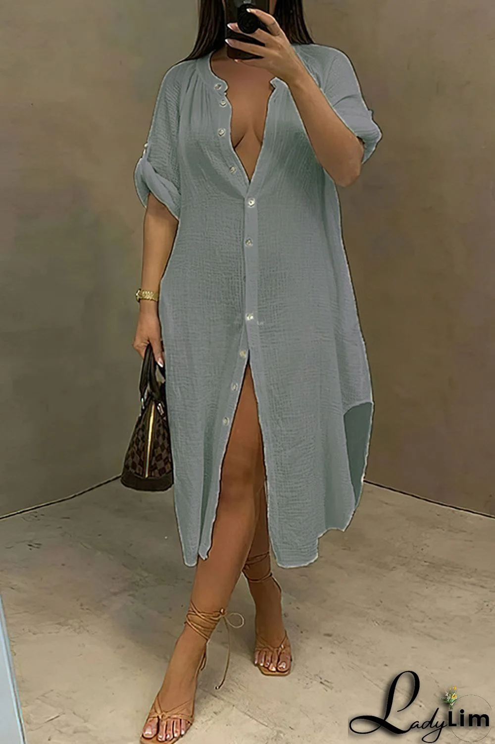 Grey Fashion Casual Solid Patchwork Turndown Collar Shirt Dress