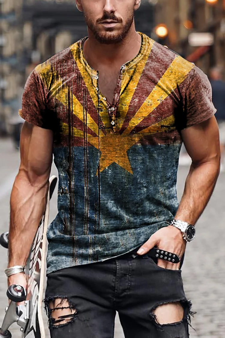 Red And Blue Short Sleeve Henley T-Shirt