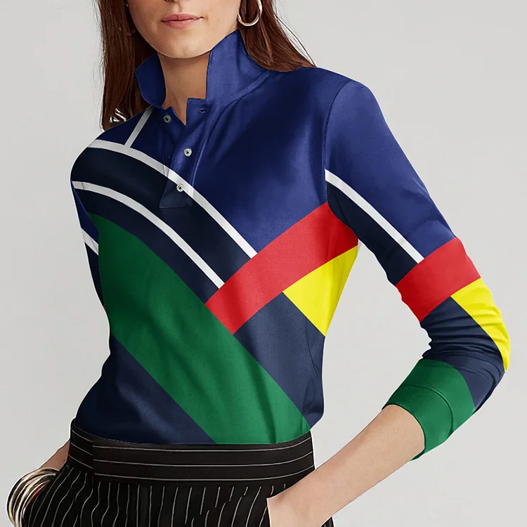 Vefave Lapel Irregular Color Block Long Sleeves Polo Shirt