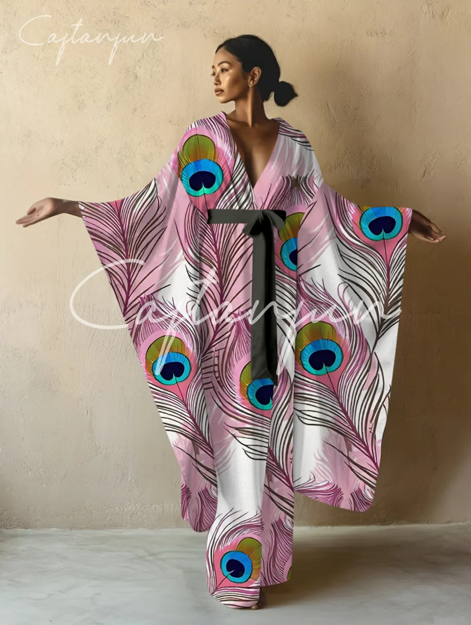 Abstract Peacock Tail Print Art Kimono Long Gown Robe With Belt