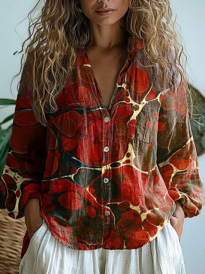 Artistry Oil Leakage Art Printed Women's Casual Long Sleeve Comfortable Cotton Shirt