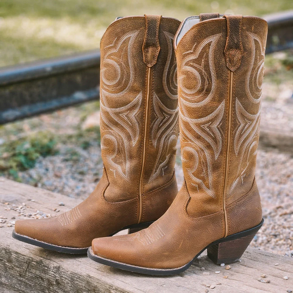 Brown Chunky Heel Embroidered Snip Toe Cowgirl Mid-Calf Boots