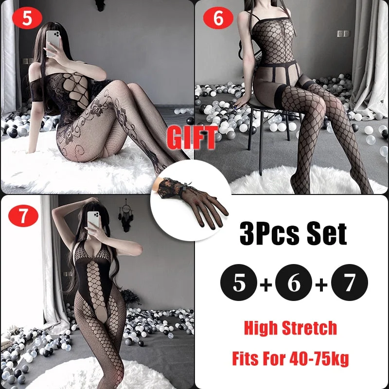 OJBK 3Pcs Sexy Lingerie Set Open Crotch Stretch Mesh Body Stockings 15 Style Teddies Bodysuit Erotic Outfit Plus Size Underwear