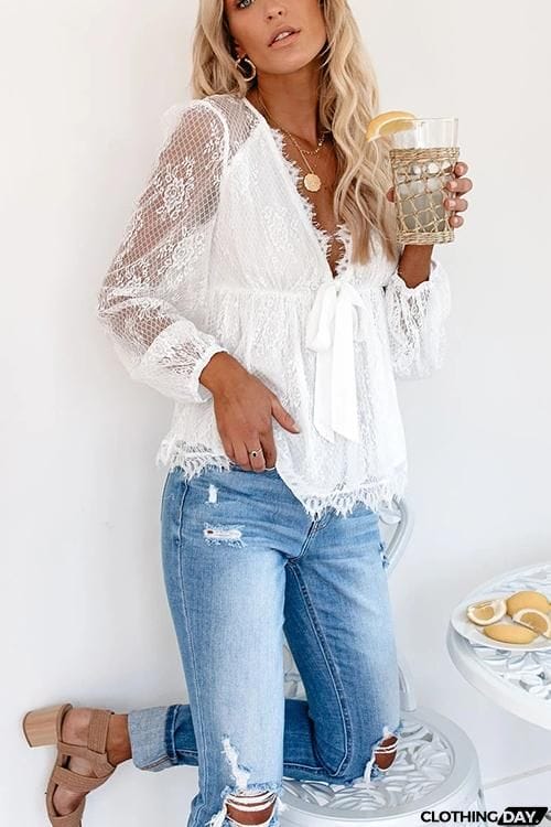Sheer Lace V Neck Bow Tie Blouse