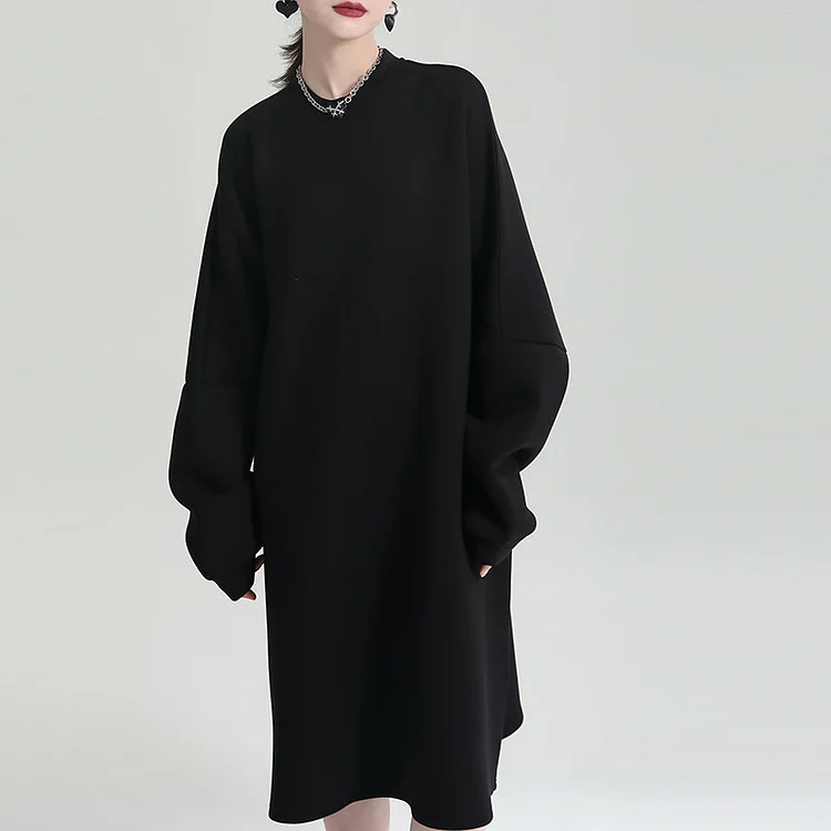 Dark Style Solid Color Long Sleeve Midi Dress - yankia