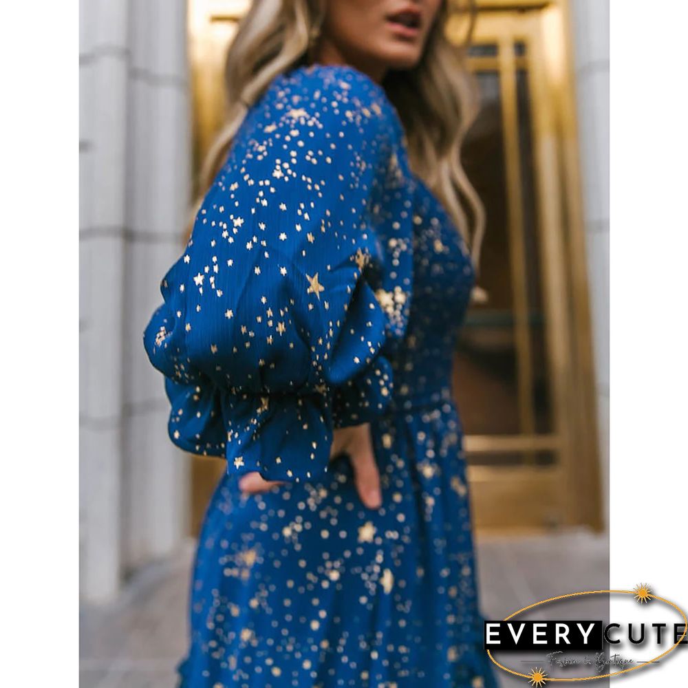 Navy Blue Square Collar Pleated 1/2 Sleeve Floral Dress