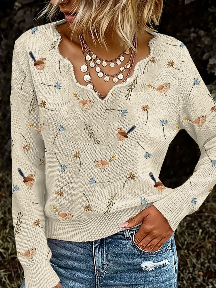 Birds Floral Embroidery Pattern Wave Neckline Knit Sweater