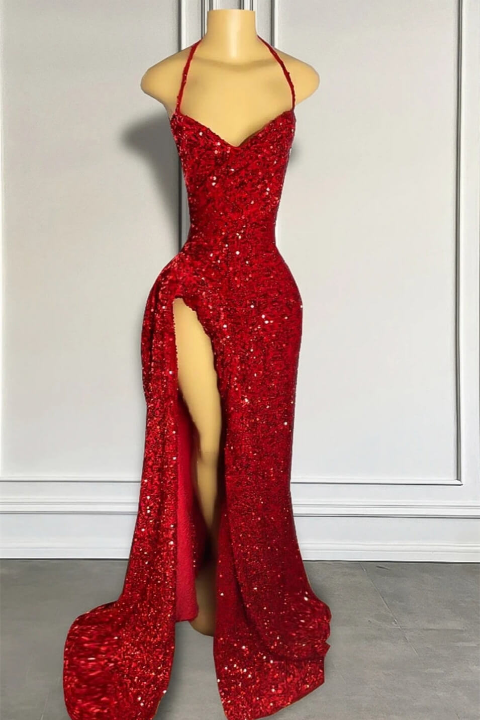 Dresseswow Red Halter Sleeveless Mermaid Evening Gowns With Split Sequins Lace-up