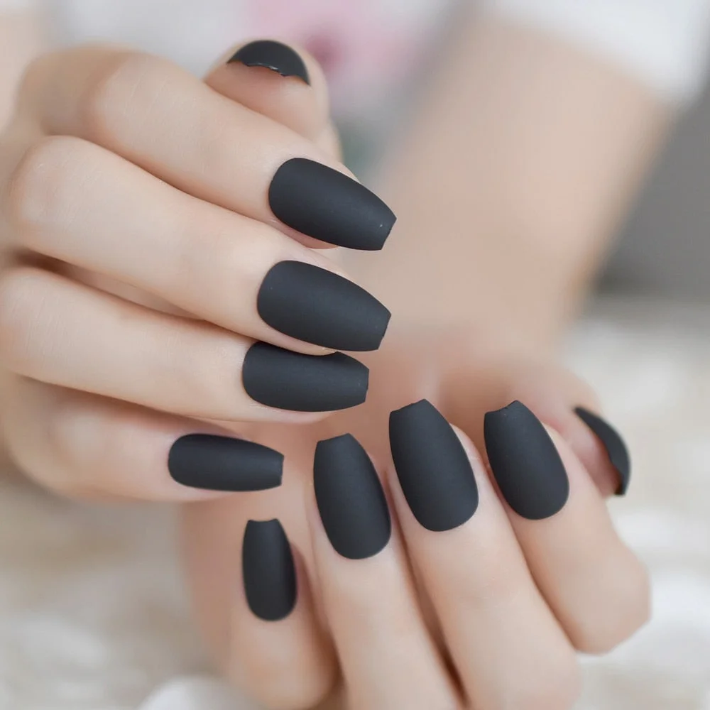 Optional Pure Black Color Detachable Medium Coffin Gelx Tips Matto False Hand Nail Stick On Finger Nails Simple Design 24Pcs/Set-Nail Inspo
