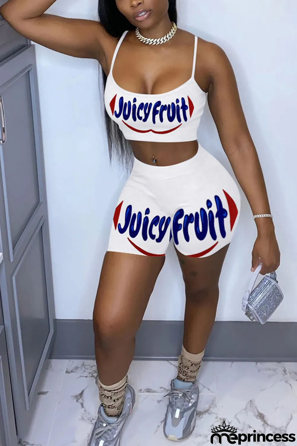 Brown Polyester Sexy Letter Straight Sleeveless Two Pieces