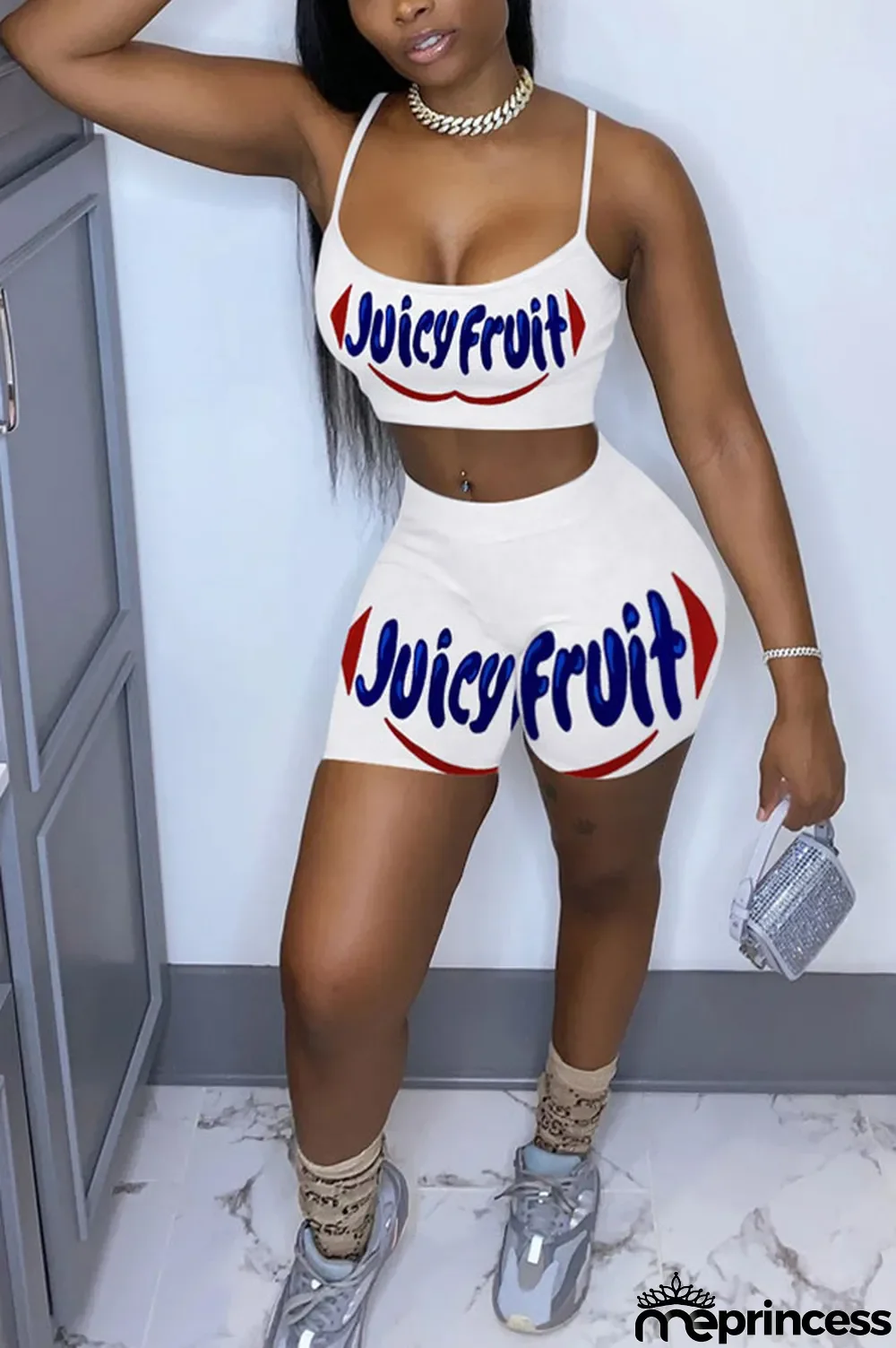 Brown Polyester Sexy Letter Straight Sleeveless Two Pieces