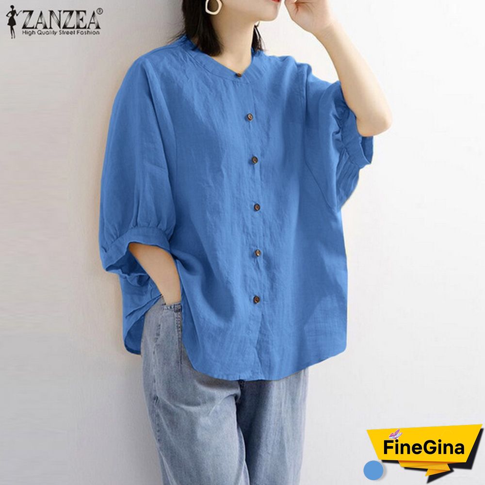 ZANZEA Cotton Tops Spring Autumn Shirt 3/4 Sleeve Single Breasted Button Shirt Blouse Vintage Clothes