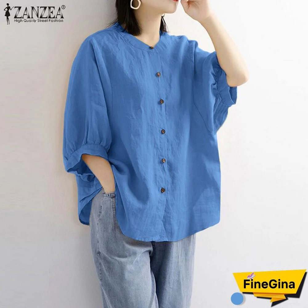 ZANZEA Cotton Tops Spring Autumn Shirt 3/4 Sleeve Single Breasted Button Shirt Blouse Vintage Clothes